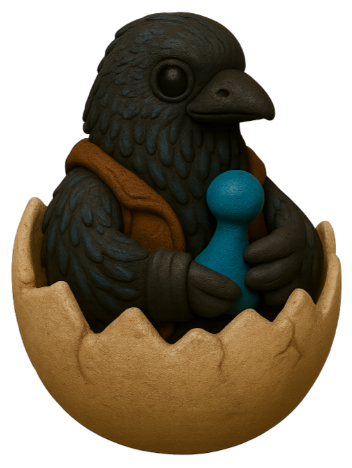 Bubbs, a clay-textured kenku raven, hatching from an egg while holding a teal game pawn